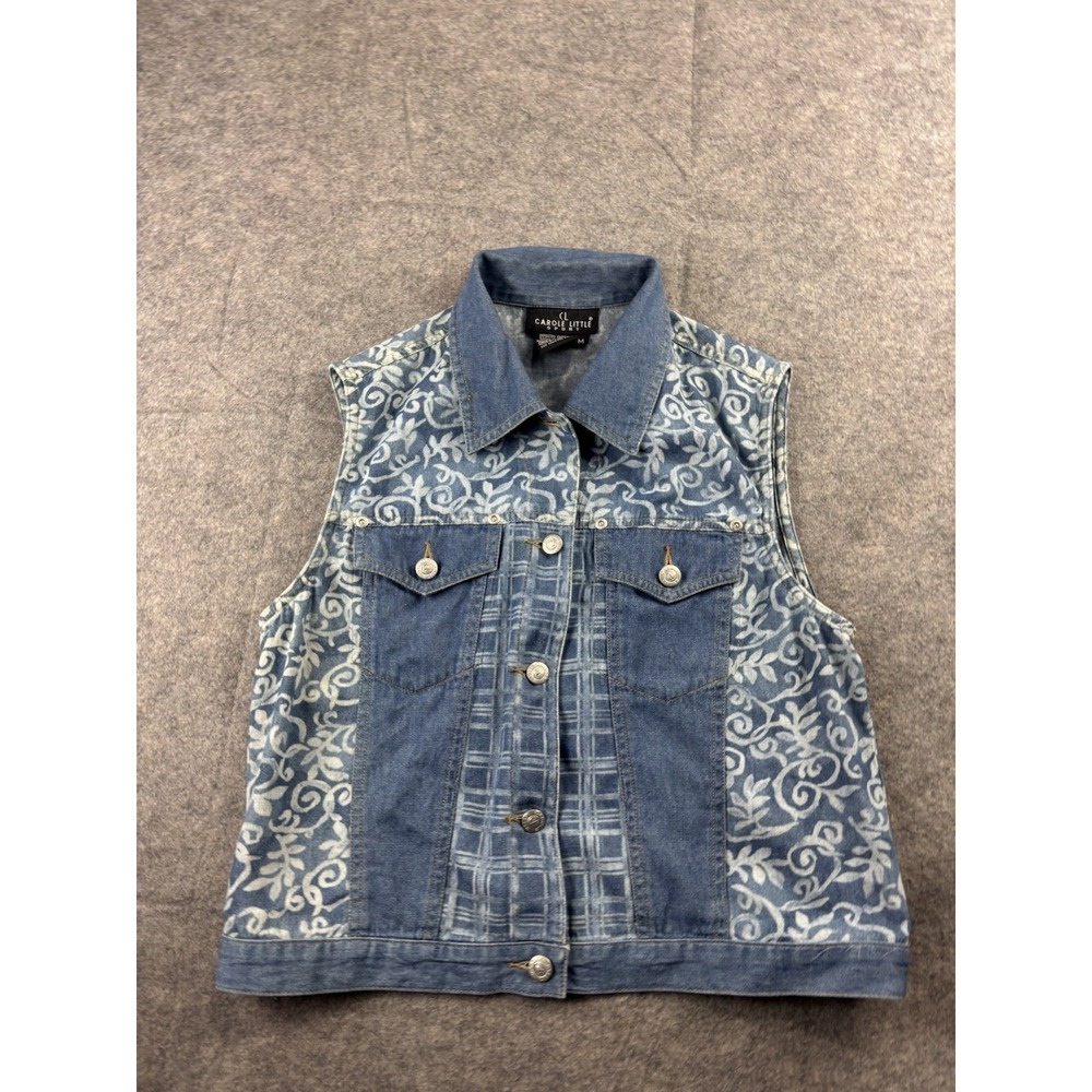 VTG Carol Little Women's M Denim Vest Floral Button Front Boho Western Indy